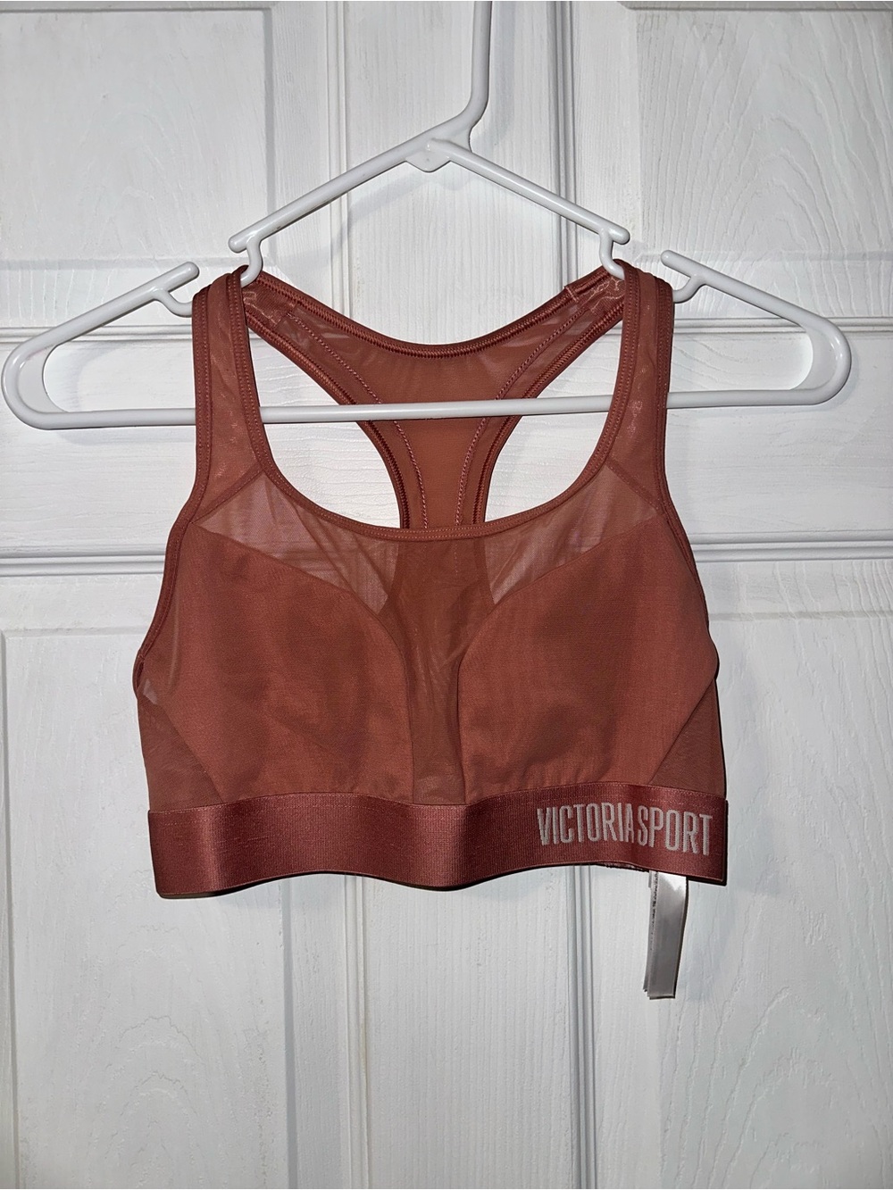 Dusty Pink Mesh Racerback Sports Bra in Rust